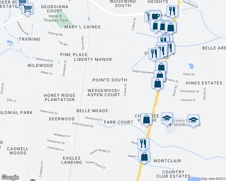 map of restaurants, bars, coffee shops, grocery stores, and more near 918 Aspen Court in Hinesville