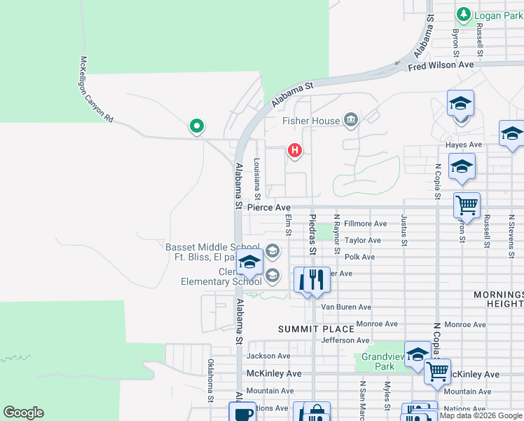 map of restaurants, bars, coffee shops, grocery stores, and more near 2710 Pierce Avenue in El Paso