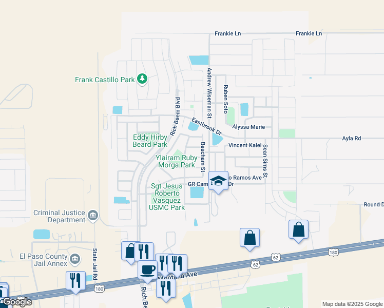 map of restaurants, bars, coffee shops, grocery stores, and more near 13013 Martin Forman Court in El Paso
