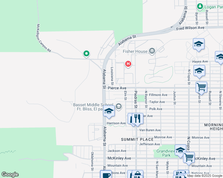 map of restaurants, bars, coffee shops, grocery stores, and more near 2610 Pierce Avenue in El Paso