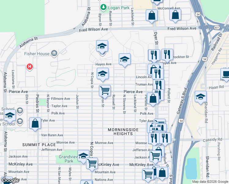 map of restaurants, bars, coffee shops, grocery stores, and more near 3600 Pierce Avenue in El Paso