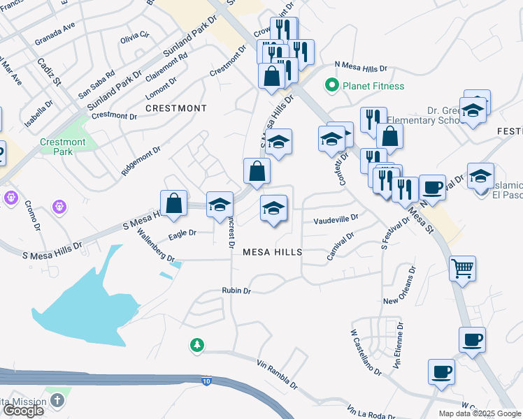 map of restaurants, bars, coffee shops, grocery stores, and more near 5450 Suncrest Drive in El Paso