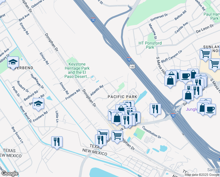 map of restaurants, bars, coffee shops, grocery stores, and more near 3921 Panama Way in El Paso