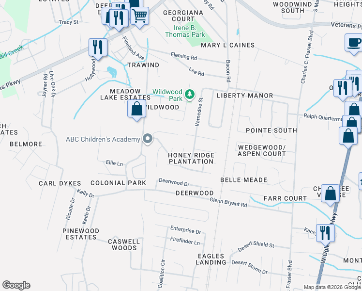 map of restaurants, bars, coffee shops, grocery stores, and more near 1036 Varnedoe Street in Hinesville