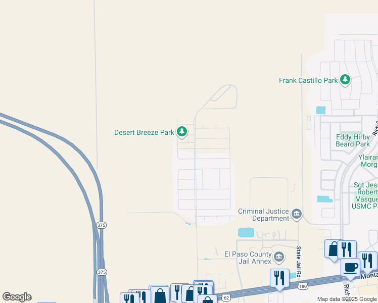 map of restaurants, bars, coffee shops, grocery stores, and more near 12245 Desert Pine Avenue in El Paso