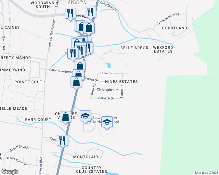 map of restaurants, bars, coffee shops, grocery stores, and more near 411 Christopher Drive in Hinesville