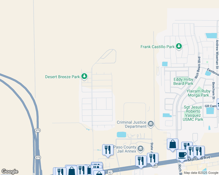 map of restaurants, bars, coffee shops, grocery stores, and more near 12349 desert vista ave in El Paso