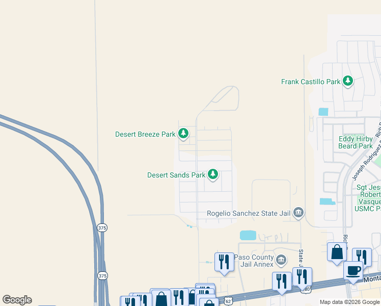 map of restaurants, bars, coffee shops, grocery stores, and more near 12245 Desert Pine Avenue in El Paso