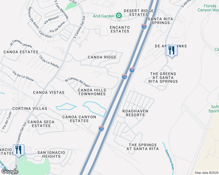 map of restaurants, bars, coffee shops, grocery stores, and more near 3611 South Via De La Cometa in Green Valley