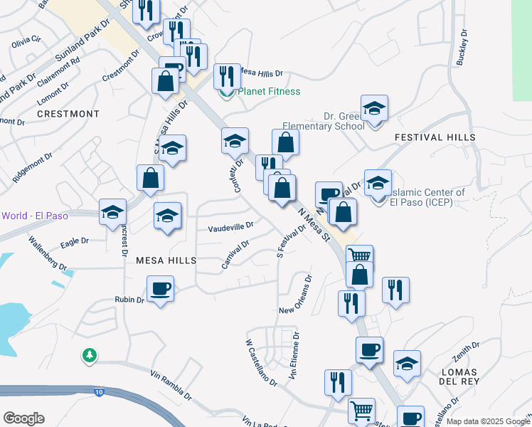 map of restaurants, bars, coffee shops, grocery stores, and more near 5500 Confetti Drive in El Paso