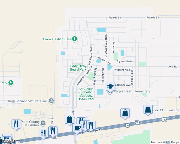 map of restaurants, bars, coffee shops, grocery stores, and more near 4734 Joseph Rodriguez Drive in El Paso
