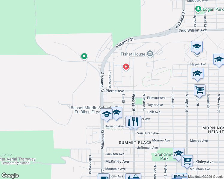 map of restaurants, bars, coffee shops, grocery stores, and more near 2710 Pierce Avenue in El Paso