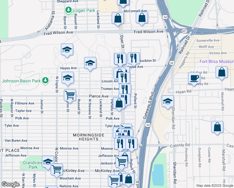 map of restaurants, bars, coffee shops, grocery stores, and more near 3900 Pierce Avenue in El Paso