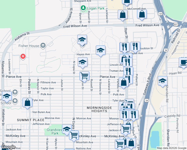 map of restaurants, bars, coffee shops, grocery stores, and more near 3600 Pierce Avenue in El Paso