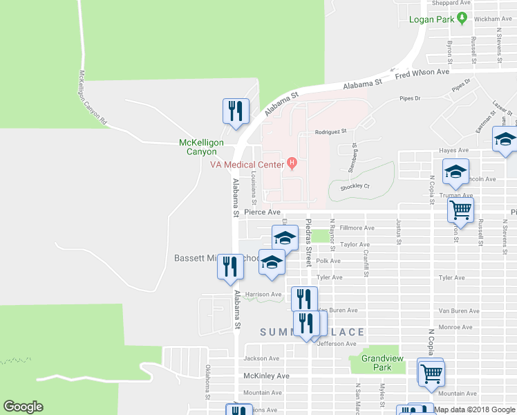 map of restaurants, bars, coffee shops, grocery stores, and more near 2710 Pierce Avenue in El Paso
