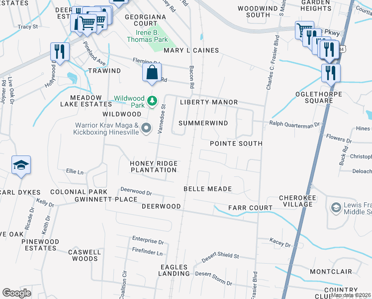 map of restaurants, bars, coffee shops, grocery stores, and more near 610 Honey Creek Lane in Hinesville