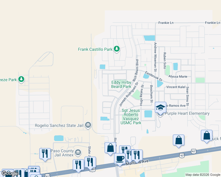 map of restaurants, bars, coffee shops, grocery stores, and more near 12744 Raul Mendiola Lane in El Paso