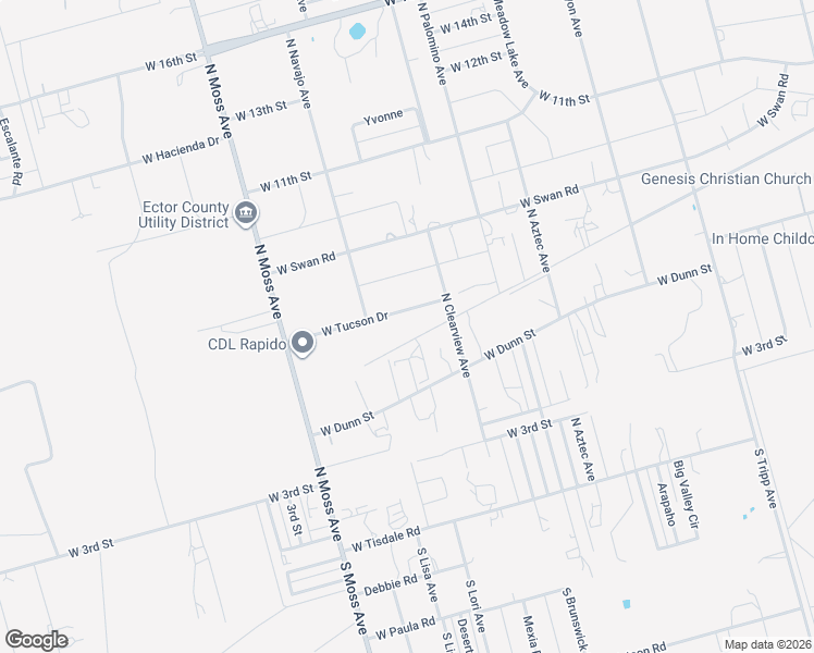 map of restaurants, bars, coffee shops, grocery stores, and more near 10055 West Tucson Drive in Odessa