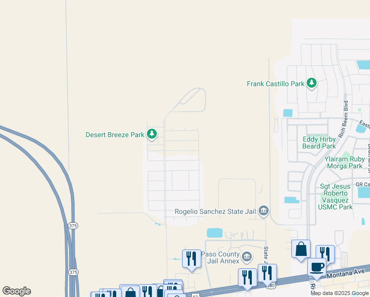 map of restaurants, bars, coffee shops, grocery stores, and more near 12361 Desert Pine Avenue in El Paso