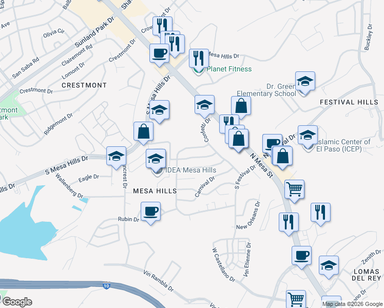 map of restaurants, bars, coffee shops, grocery stores, and more near 305 Vaudeville Drive in El Paso