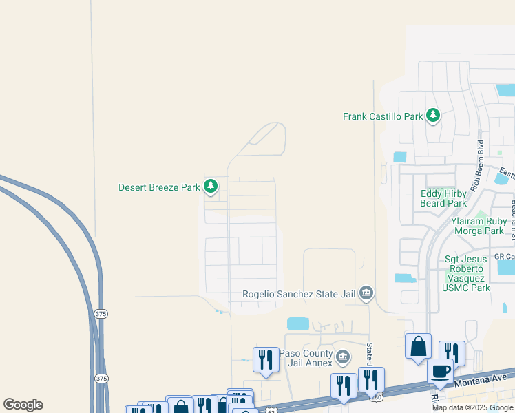 map of restaurants, bars, coffee shops, grocery stores, and more near 12361 Desert Pine Avenue in El Paso