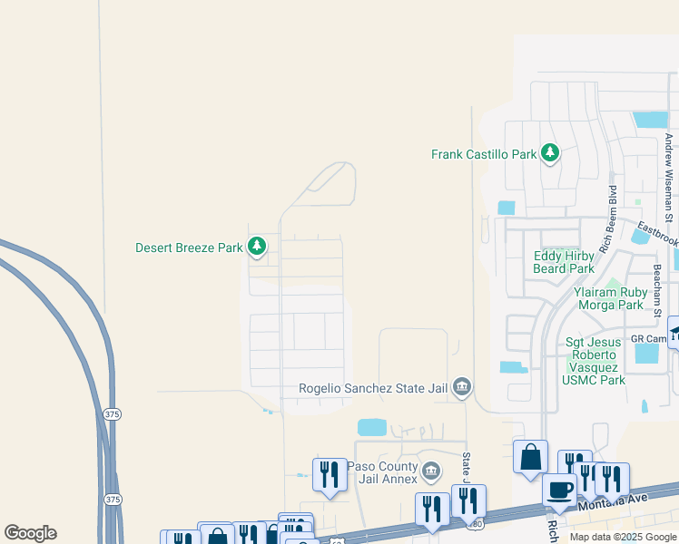 map of restaurants, bars, coffee shops, grocery stores, and more near 12349 desert vista ave in El Paso