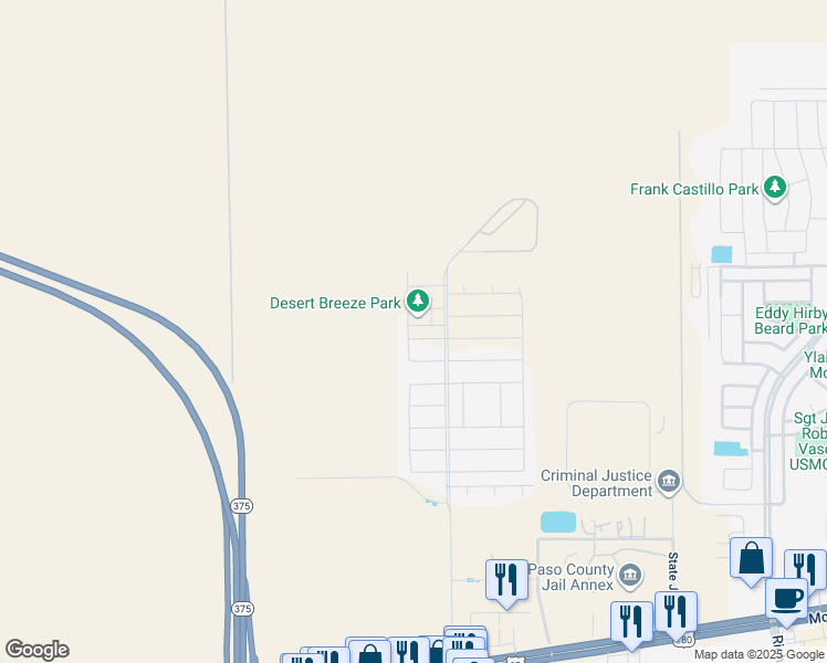map of restaurants, bars, coffee shops, grocery stores, and more near 12240 Desert Peace Court in El Paso