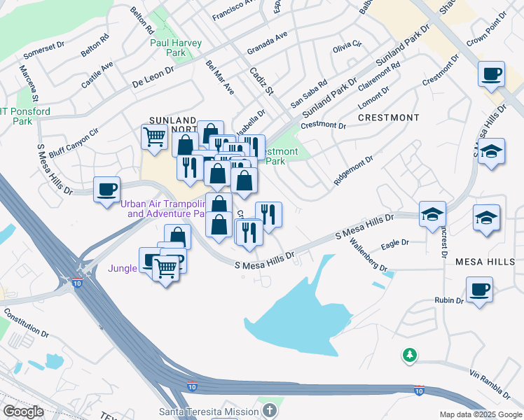 map of restaurants, bars, coffee shops, grocery stores, and more near 5850 Onix Drive in El Paso