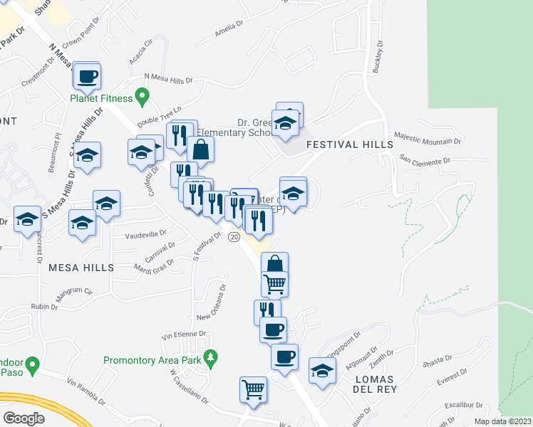 map of restaurants, bars, coffee shops, grocery stores, and more near 120 North Festival Drive in El Paso