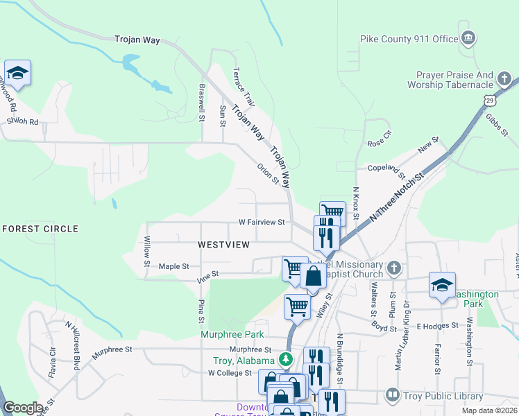 map of restaurants, bars, coffee shops, grocery stores, and more near 301-399 Pace Street in Troy