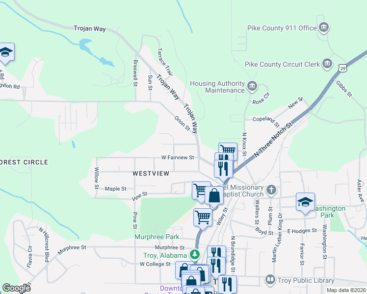 map of restaurants, bars, coffee shops, grocery stores, and more near 320 Orion Street in Troy