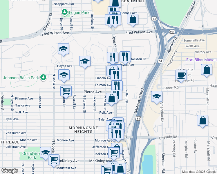 map of restaurants, bars, coffee shops, grocery stores, and more near 3932 Truman Avenue in El Paso