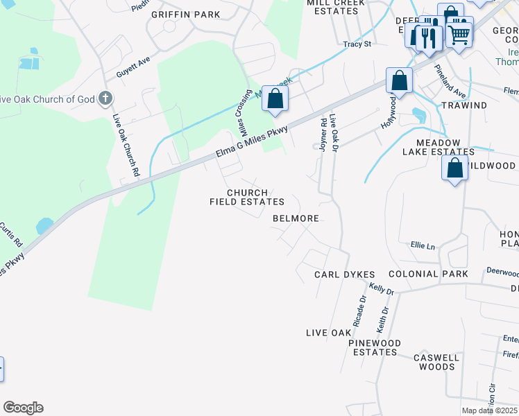 map of restaurants, bars, coffee shops, grocery stores, and more near 921 Churchfield Drive in Hinesville