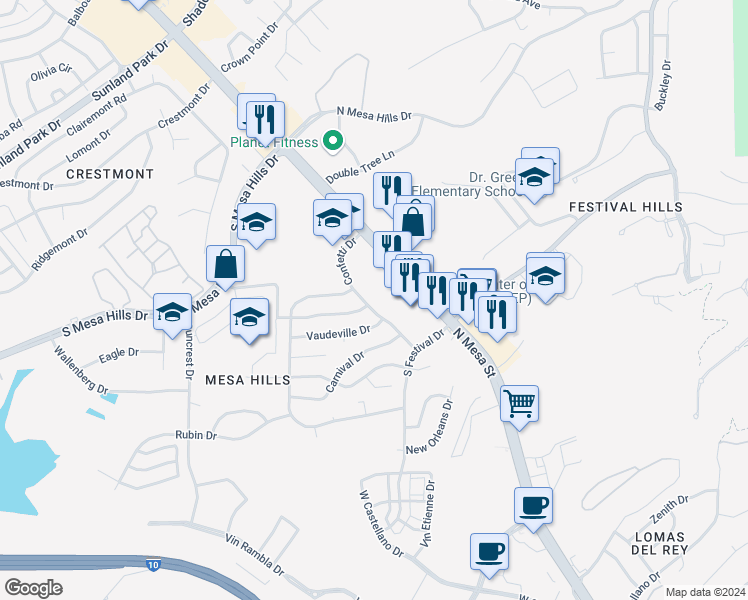 map of restaurants, bars, coffee shops, grocery stores, and more near 5500 Confetti Drive in El Paso