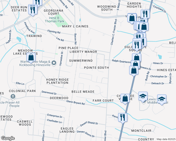 map of restaurants, bars, coffee shops, grocery stores, and more near 910 Brett Drive in Hinesville