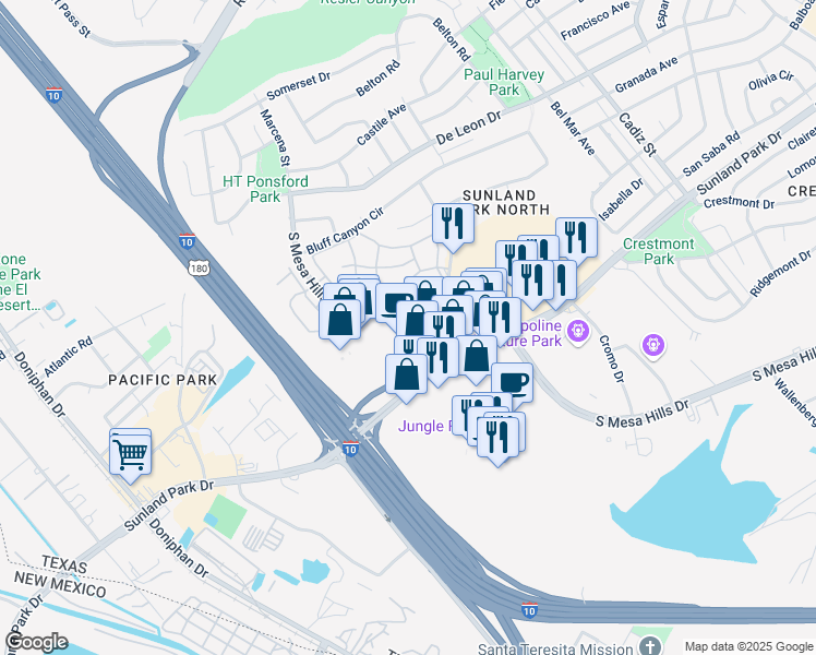 map of restaurants, bars, coffee shops, grocery stores, and more near 801 Sunland Park Drive in El Paso