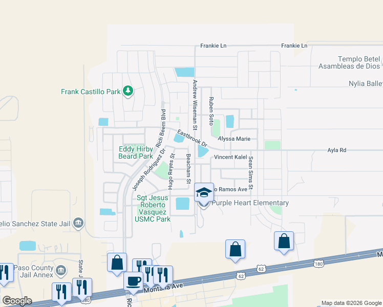 map of restaurants, bars, coffee shops, grocery stores, and more near 4760 Beacham Street in El Paso