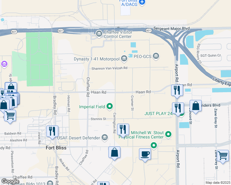 map of restaurants, bars, coffee shops, grocery stores, and more near Carrington Road in Fort Bliss