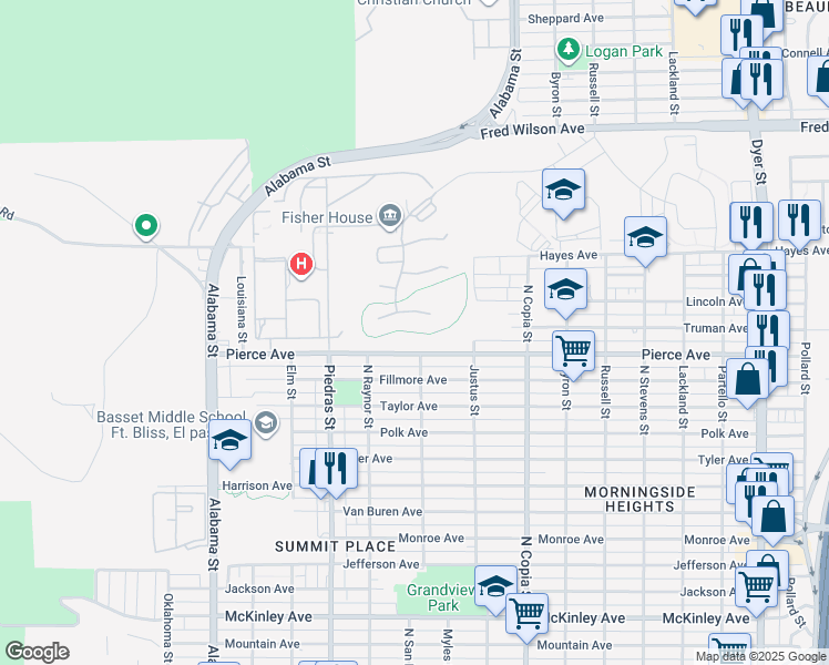 map of restaurants, bars, coffee shops, grocery stores, and more near Darnall Street in El Paso