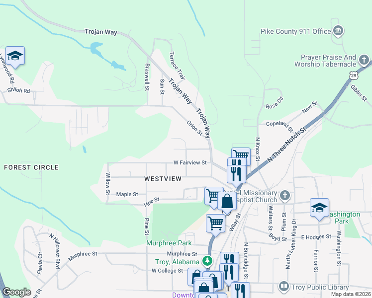 map of restaurants, bars, coffee shops, grocery stores, and more near 301 Pace Street in Troy