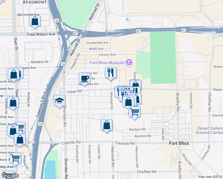 map of restaurants, bars, coffee shops, grocery stores, and more near Haan Road in El Paso
