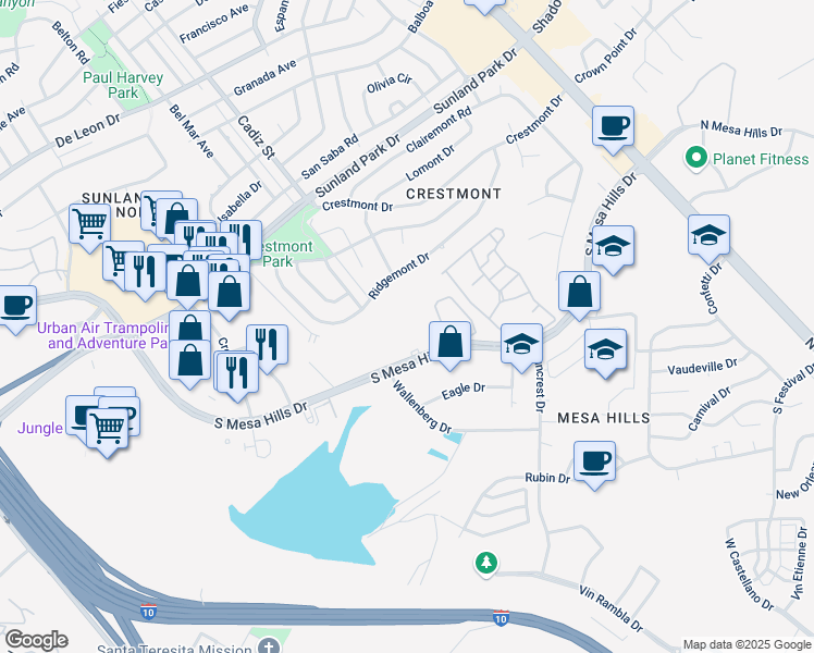 map of restaurants, bars, coffee shops, grocery stores, and more near 535 South Mesa Hills Drive in El Paso