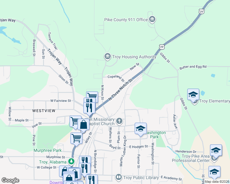 map of restaurants, bars, coffee shops, grocery stores, and more near 1124 North Three Notch Street in Troy