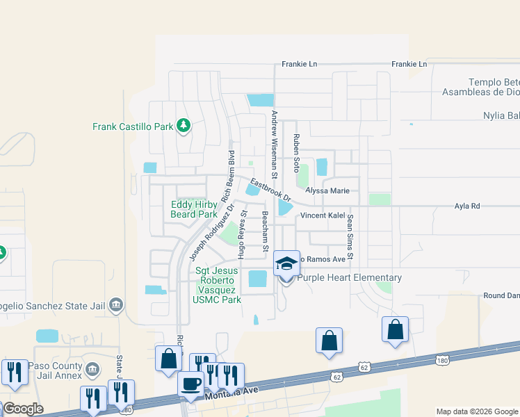map of restaurants, bars, coffee shops, grocery stores, and more near 13001 Stonington Lane in El Paso