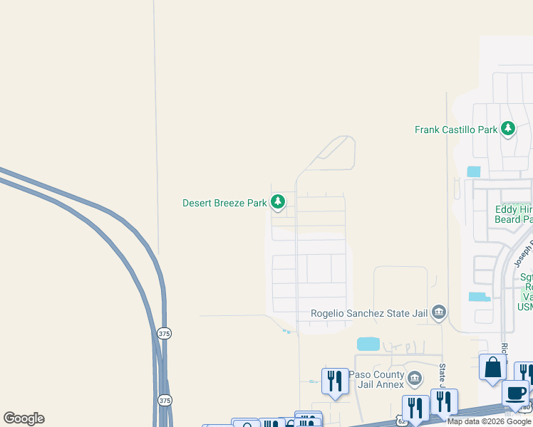 map of restaurants, bars, coffee shops, grocery stores, and more near 12240 Desert Peace Court in El Paso