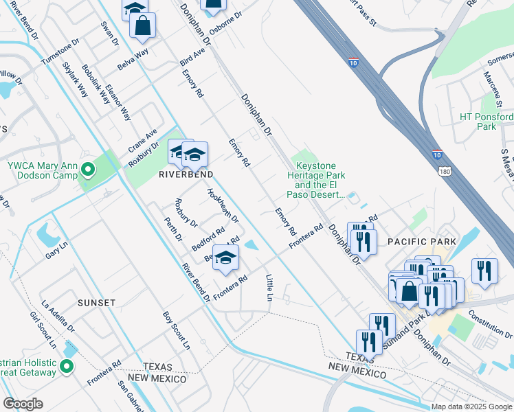 map of restaurants, bars, coffee shops, grocery stores, and more near 4198 Emory Road in El Paso