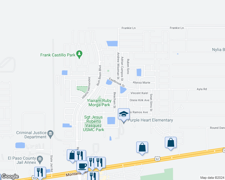 map of restaurants, bars, coffee shops, grocery stores, and more near 13016 Stonington Lane in El Paso