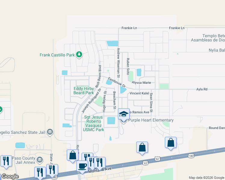 map of restaurants, bars, coffee shops, grocery stores, and more near 13001 Stonington Lane in El Paso