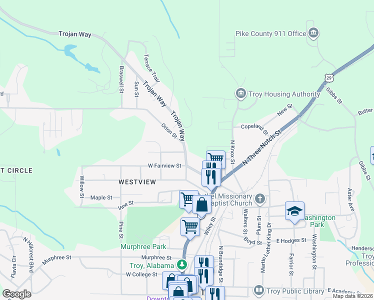 map of restaurants, bars, coffee shops, grocery stores, and more near 217 Orion Street in Troy