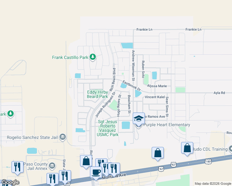 map of restaurants, bars, coffee shops, grocery stores, and more near 4769 Joseph Rodriguez Drive in El Paso